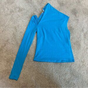 Zara blue asymmetrical long sleeve off the shoulder fitted shirt blouse top Sz M